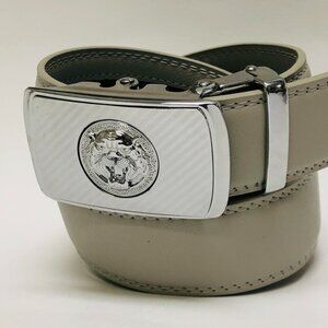 Gray Leather Belt Automatic‎ Buckle Slide Belt NoHole Strep Ratchet Square Lion